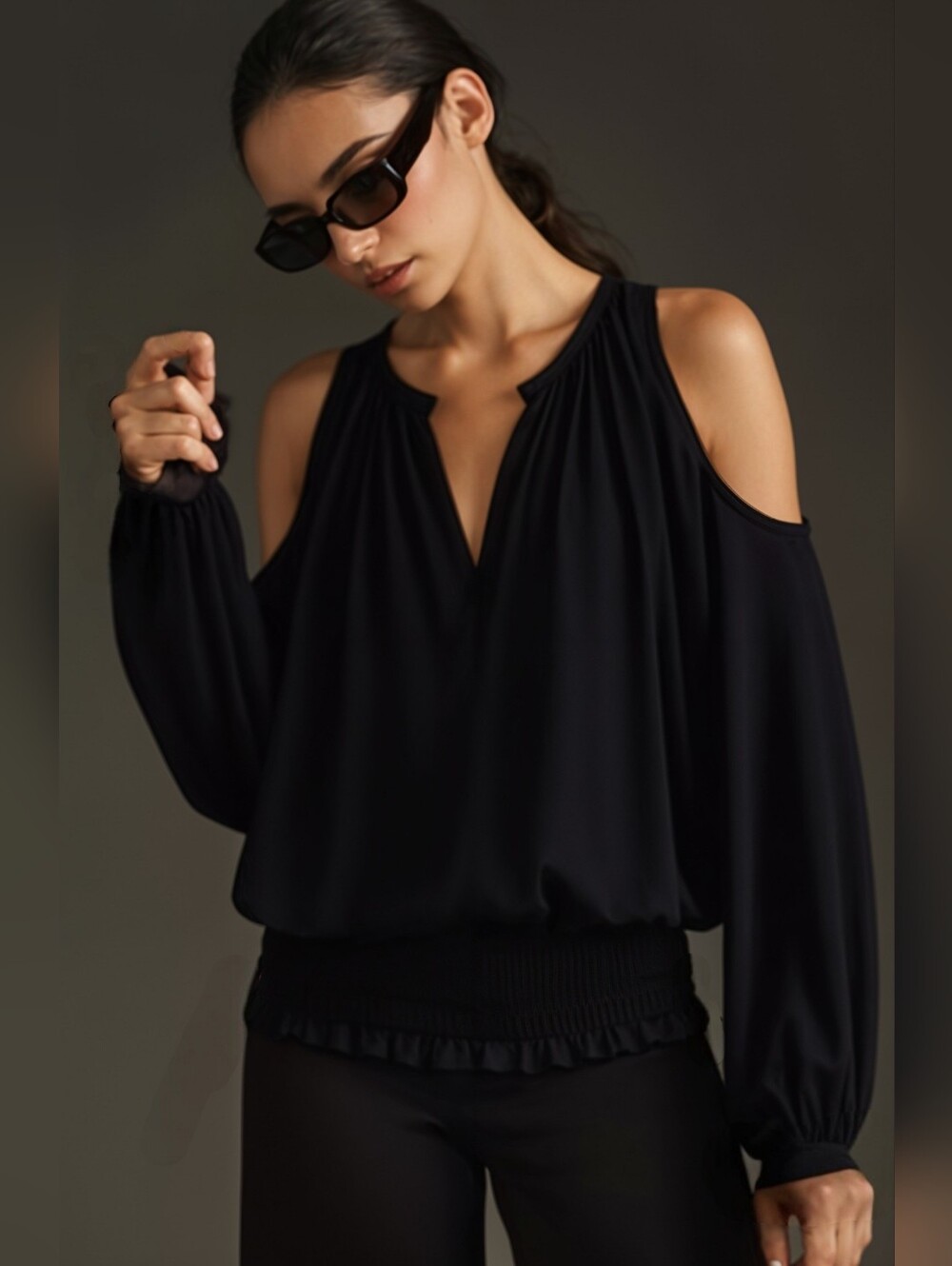 Jennifer Lopez Cold-Shoulder Black Blouse with Smocked Waist